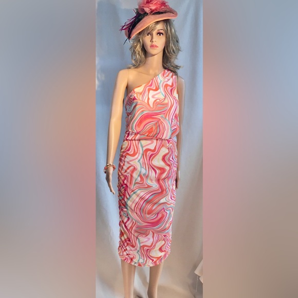 One shoulder stretch-mesh MIDI, Size XL, NWT. Multicolor, Lined, Ruching. - Picture 3 of 13
